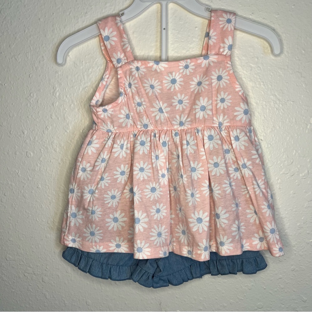 Girls Two-Piece Knit Tank & Skirt Set with Pink Daisy Top and Blue Shorts - Picture 4 of 15
